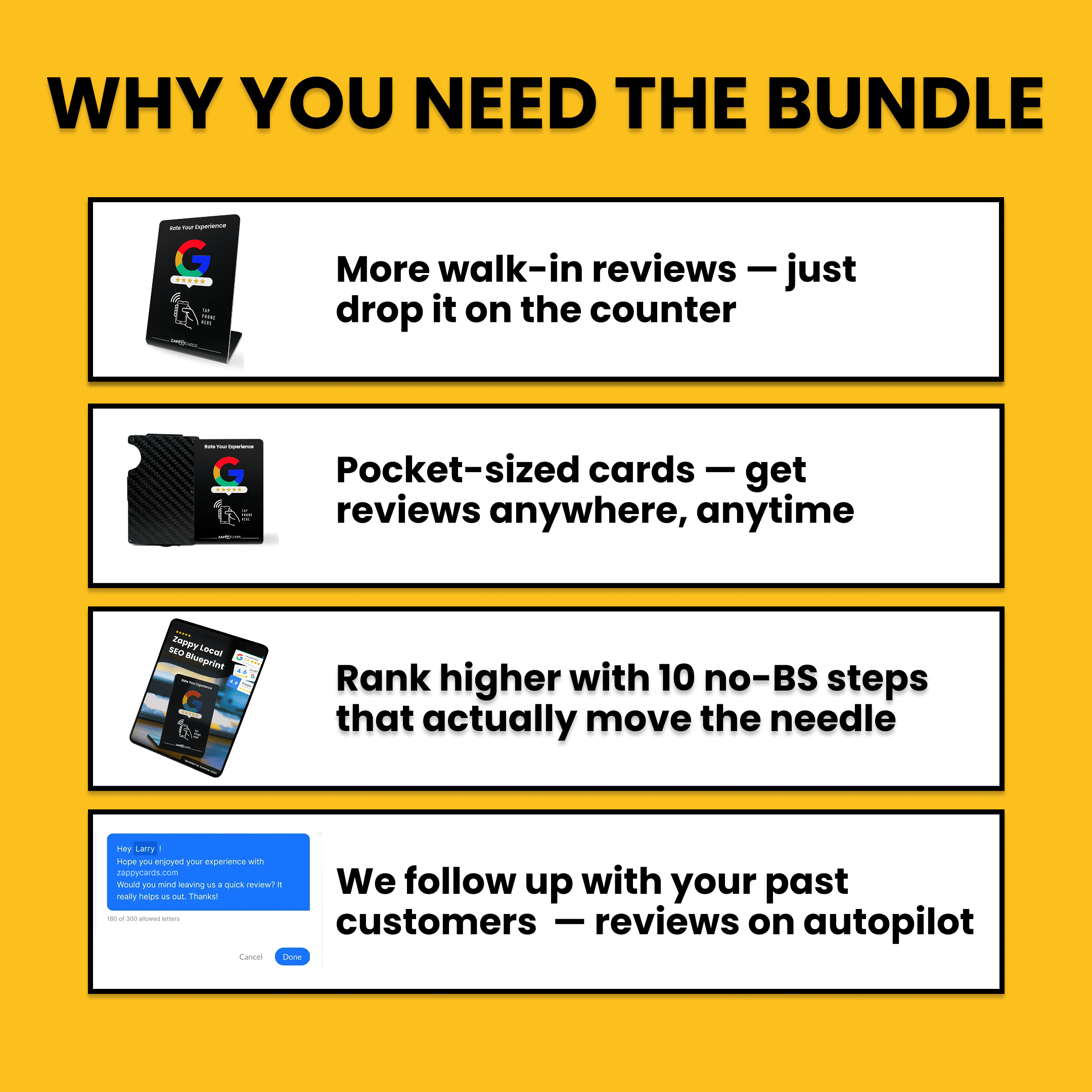 Promotional image for a review bundle with text and product images on a yellow background.