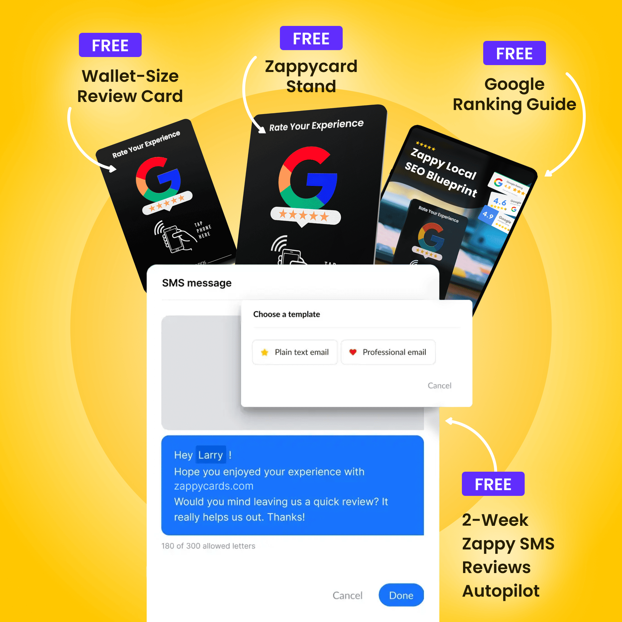 Promotional image showing Zappycard products and SMS review message on a yellow background.