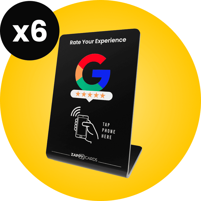 Black stand with Google logo, stars, and phone icon on yellow background.