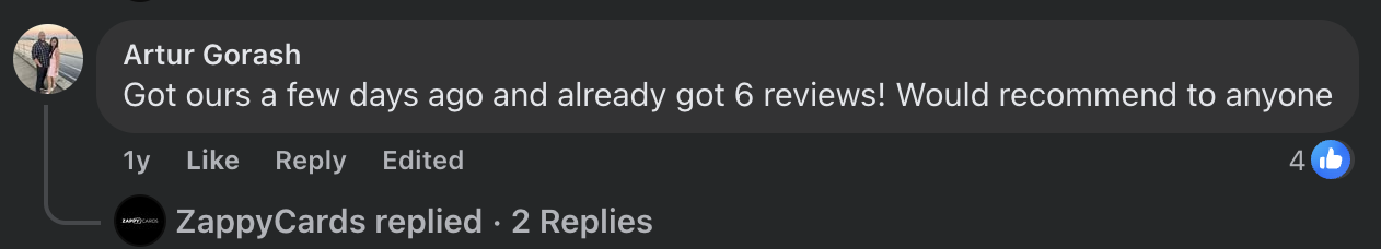 A Facebook comment recommending a product after receiving six reviews.