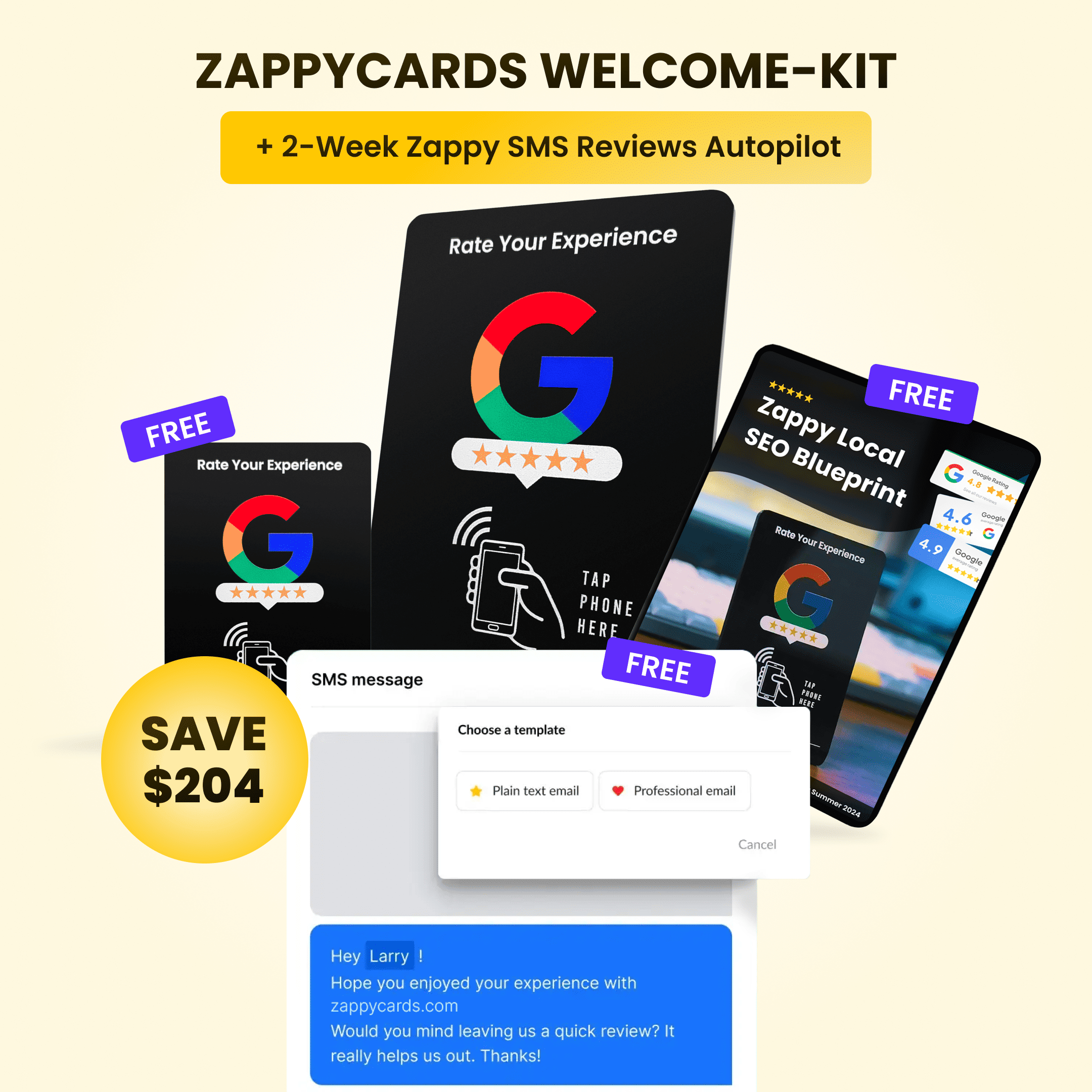 Promotional image for ZappyCards Welcome-Kit with SMS review features and savings offer.