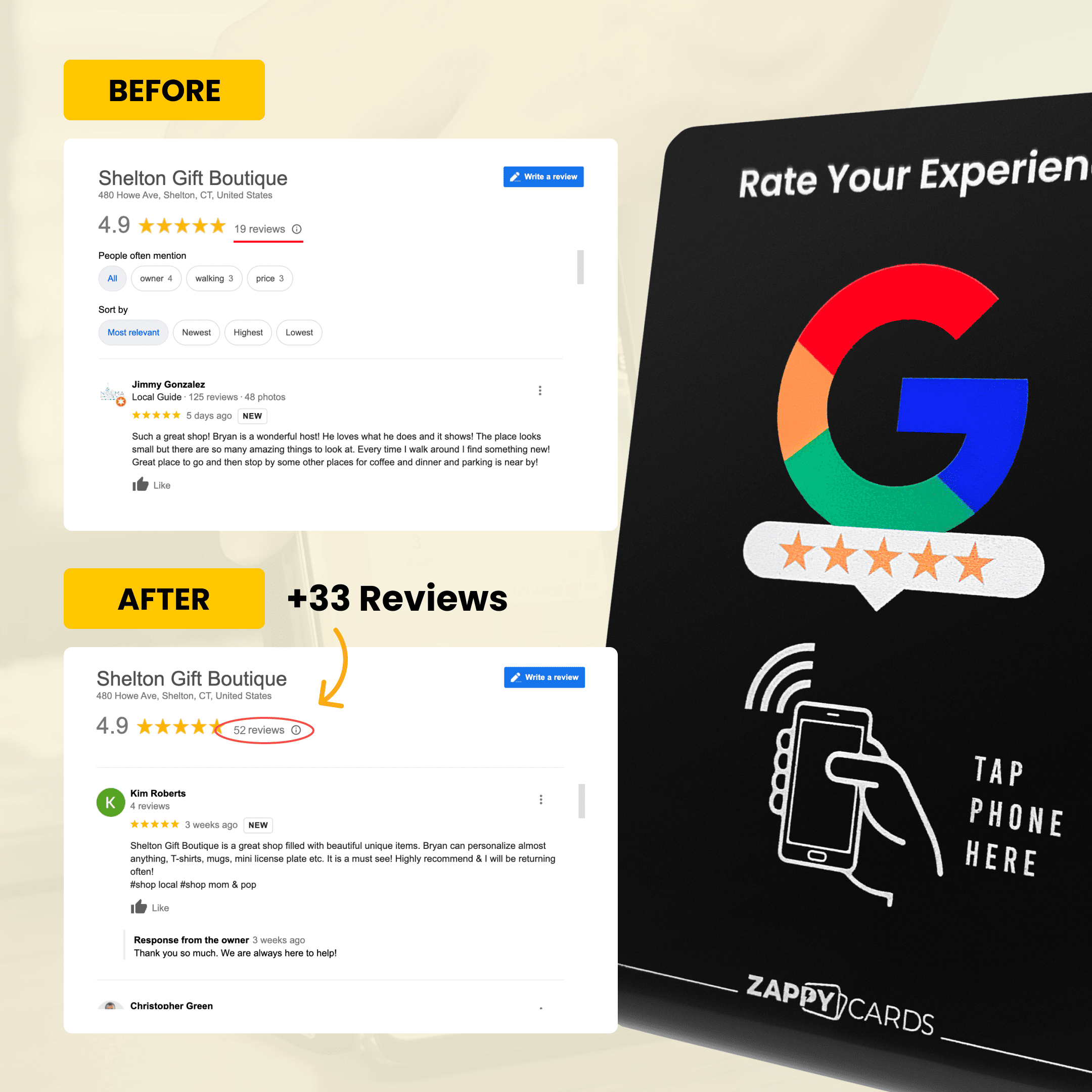 Comparison of Google reviews before and after, with a digital rating card on the right.