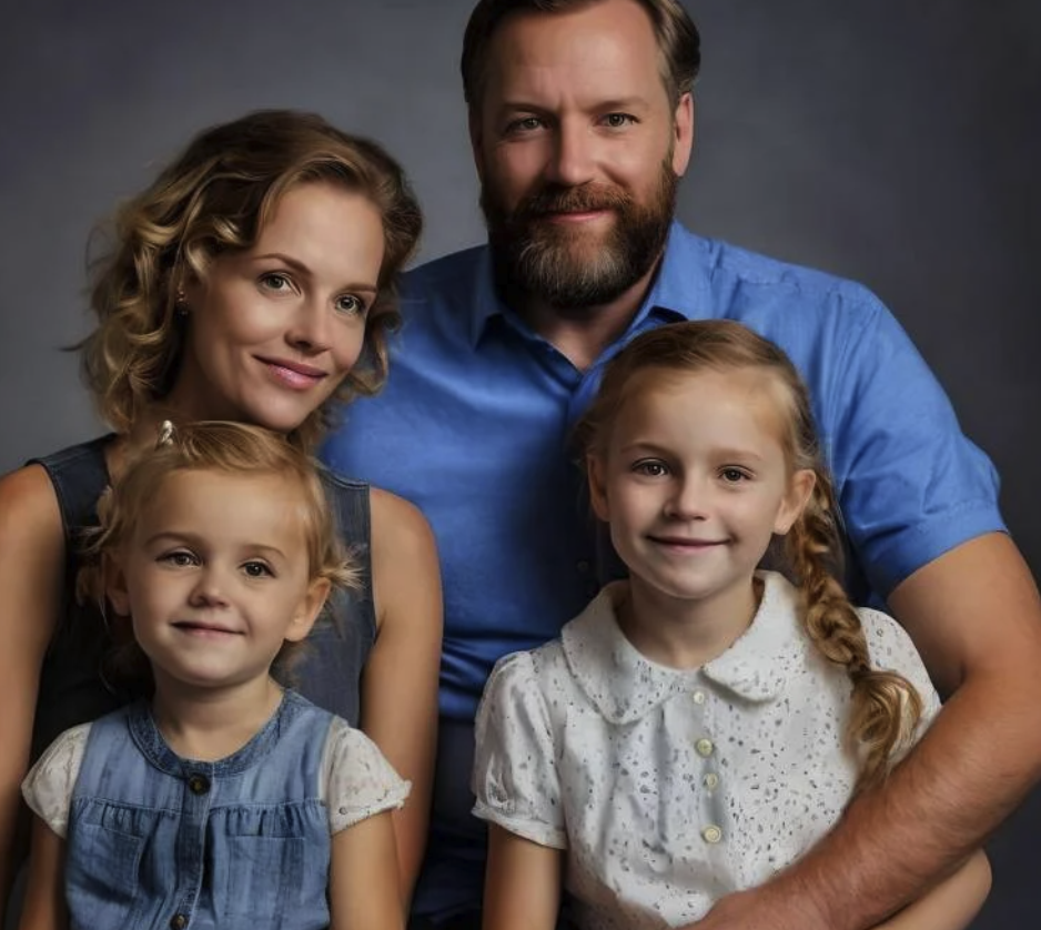 A family of four posing together in a studio setting.