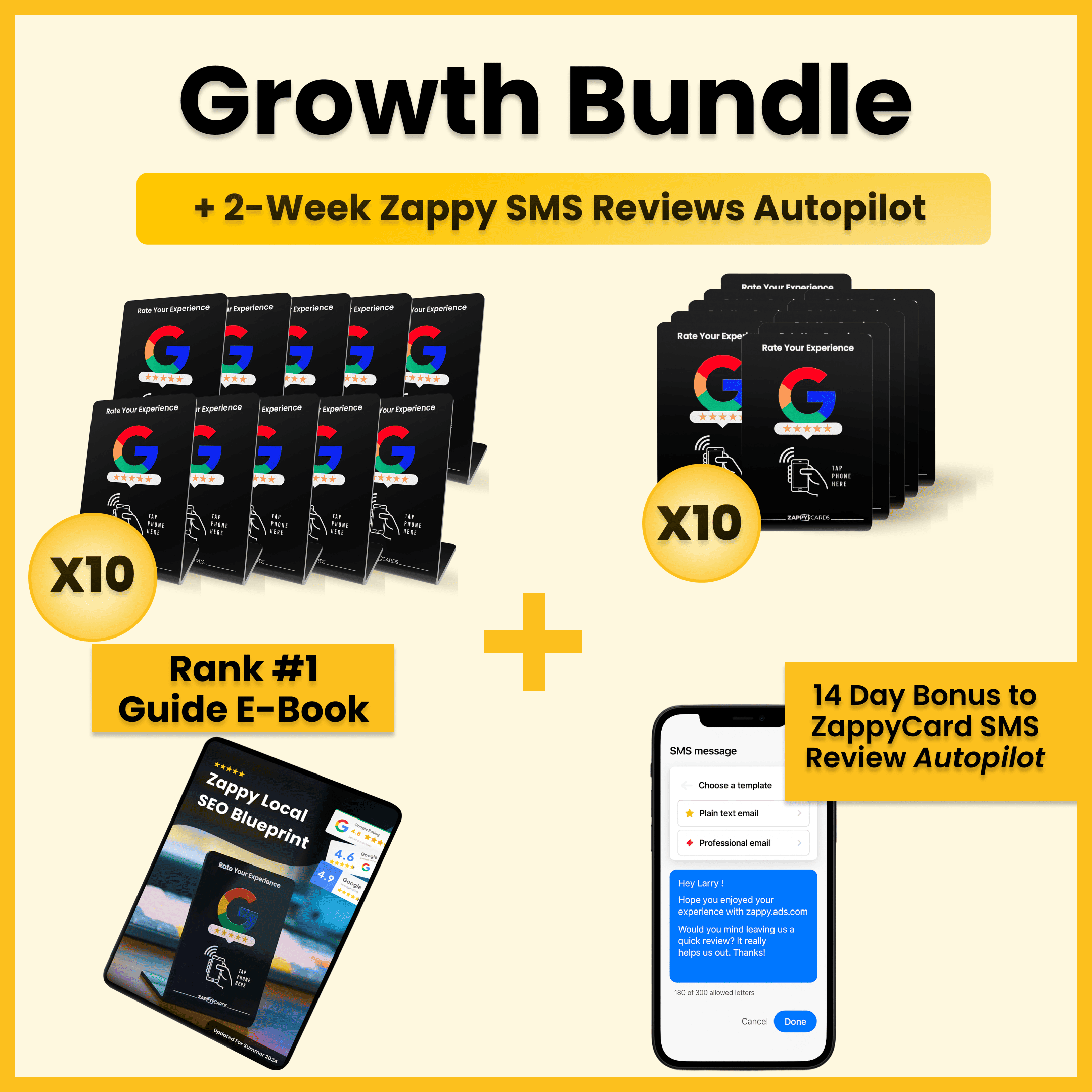 Promotional image for 'Growth Bundle' with e-books and SMS review autopilot features.