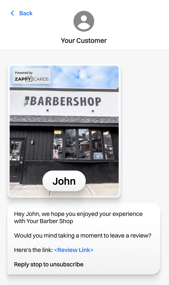 Barbershop storefront with message asking for a review below.