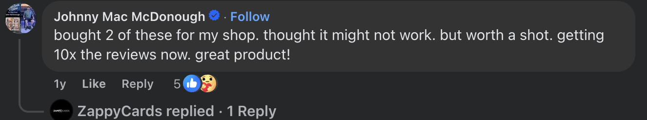 Social media comment praising a product for increasing reviews, followed by a brand's reply.