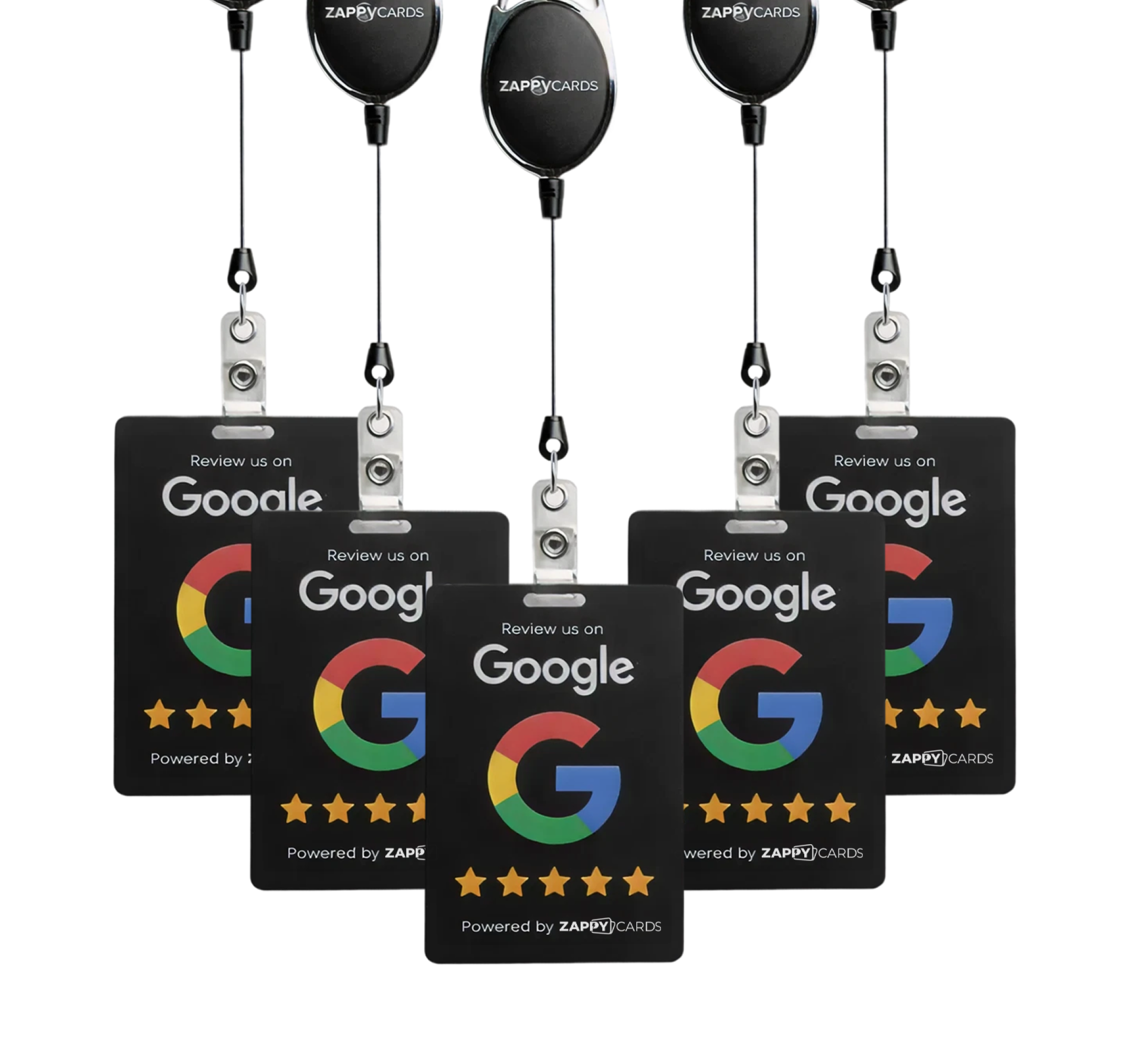 Five black 'Review us on Google' cards hanging from retractable ZappyCards badge reels against a white background.