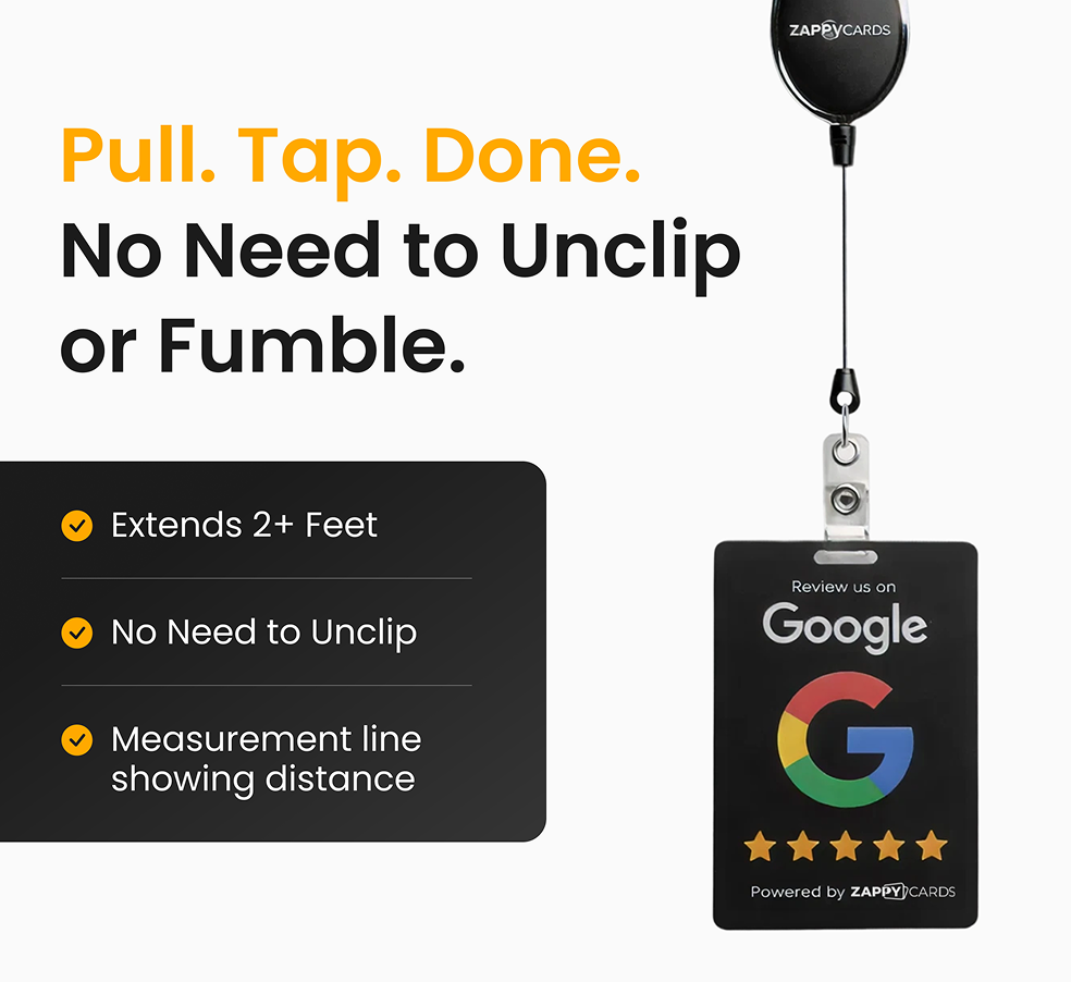 An advertisement for a retractable badge holder with a Google review card attached, showing its features.
