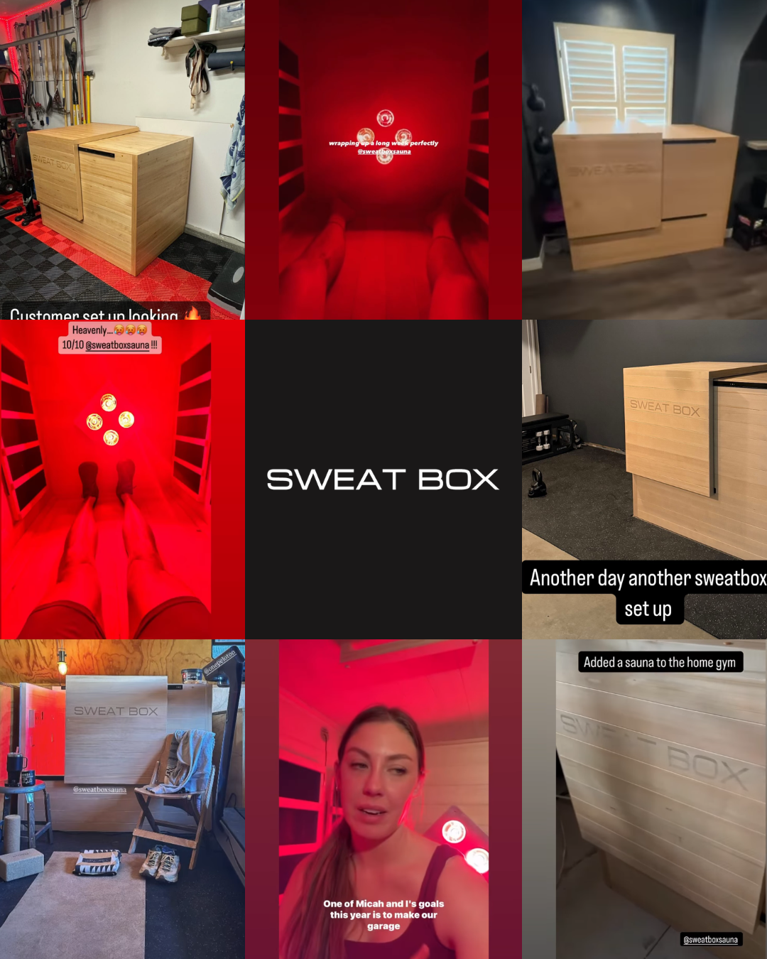 Collage of wooden sauna boxes labeled 'SWEAT BOX' in various home settings.