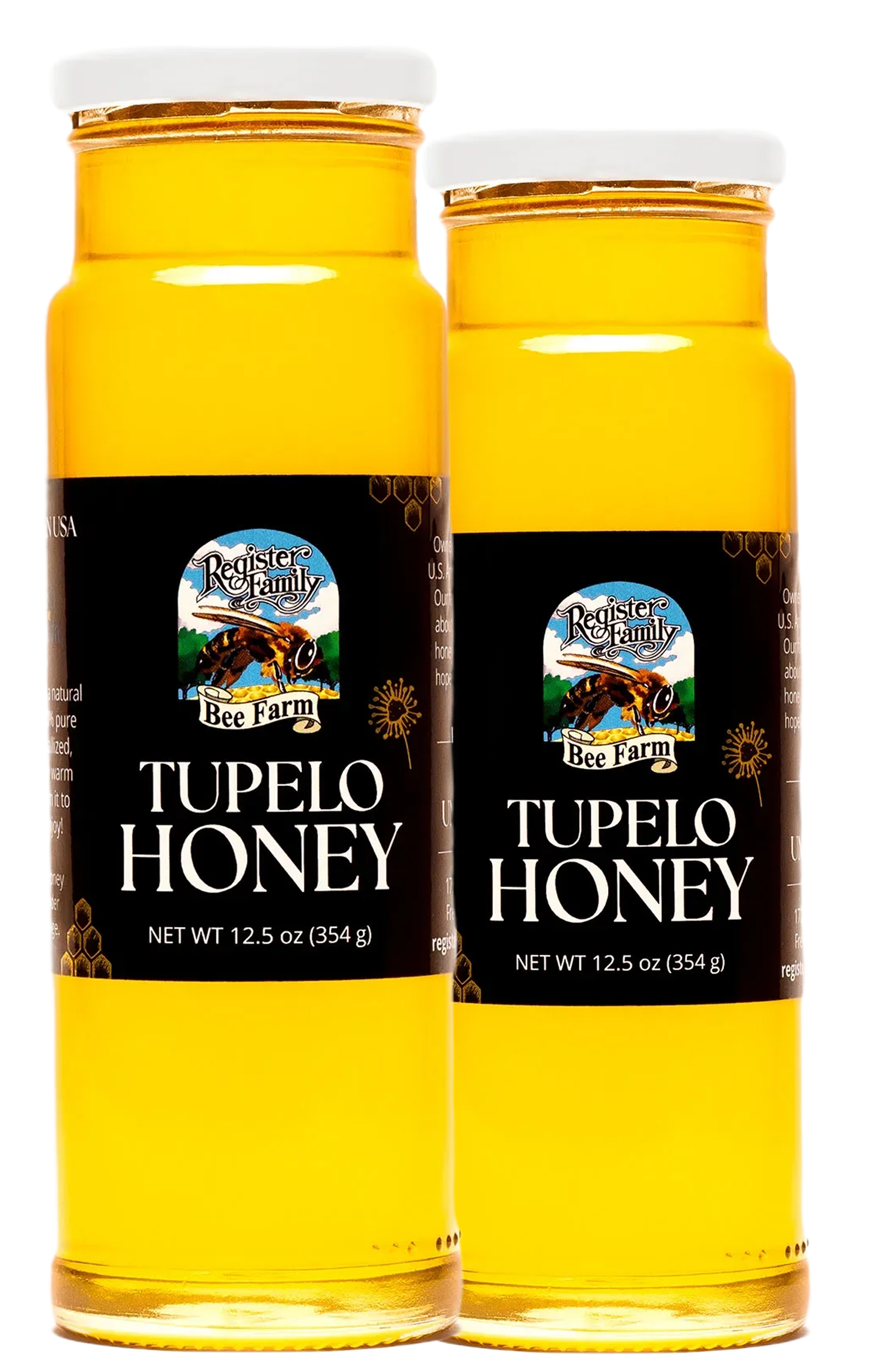 Two jars of Register Family Bee Farm Tupelo Honey with a green background.