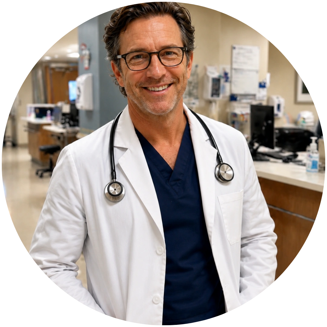 A smiling male doctor in a white lab coat and glasses, with a stethoscope around his neck.