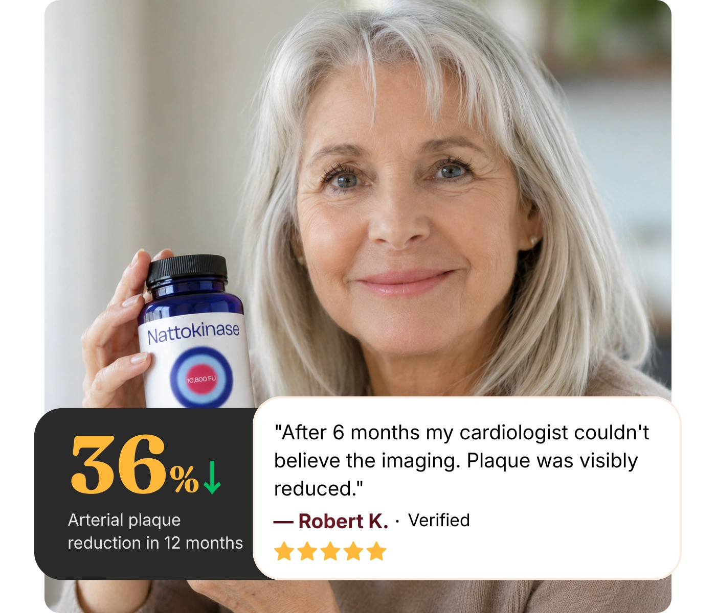 A smiling older woman with grey hair holds a blue bottle of a supplement called Nattokinase.