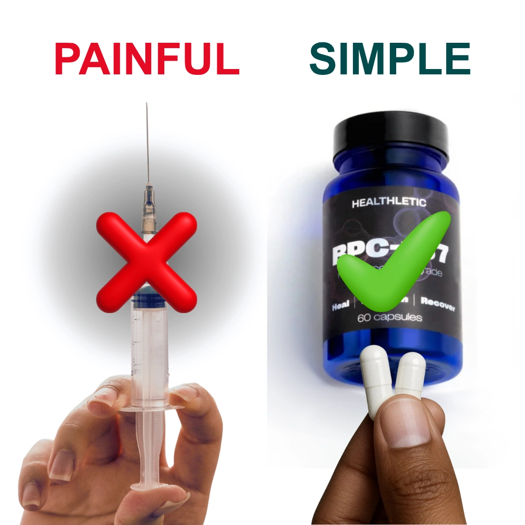Hand holding a syringe with a red 'X' and capsules with a green check mark.
