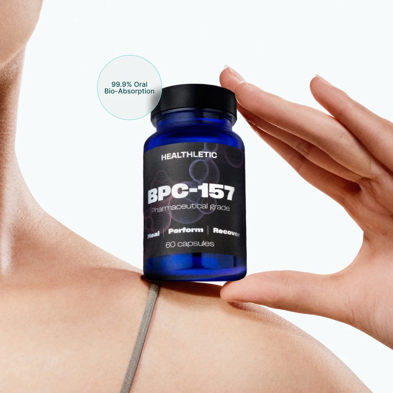 Blue bottle labeled BPC-157 held above shoulder, hand partially visible.