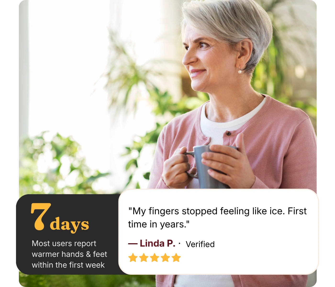 A smiling older woman with short grey hair holds a mug, next to a customer testimonial.