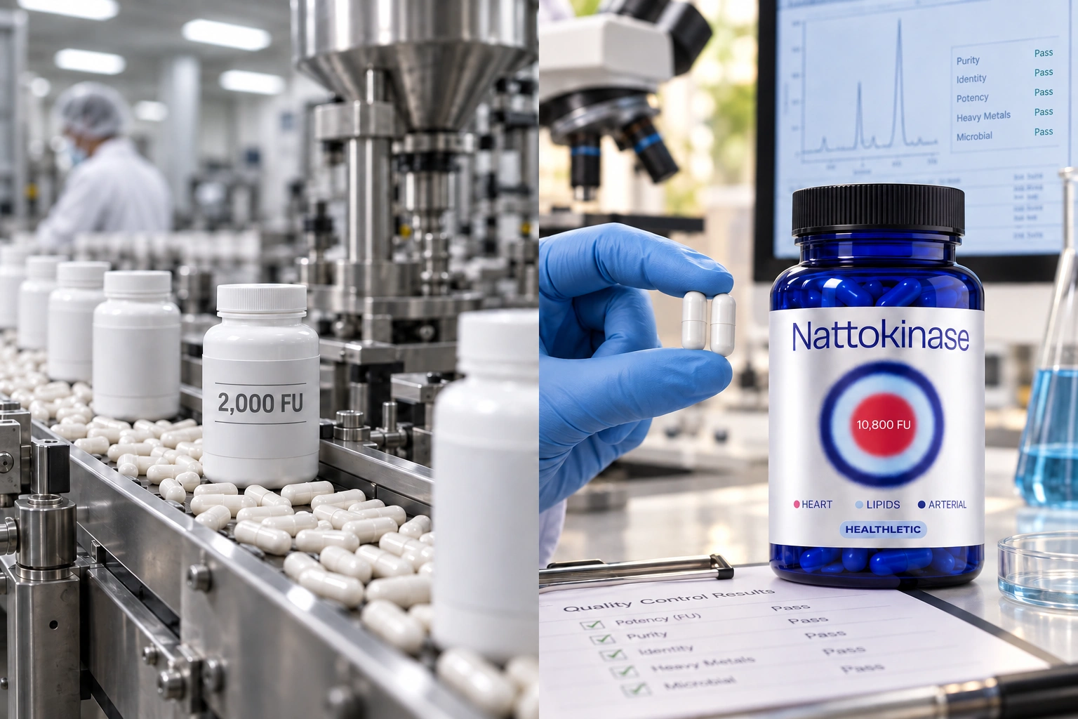 A split image showing supplement manufacturing on a production line and a lab inspection of Nattokinase capsules.