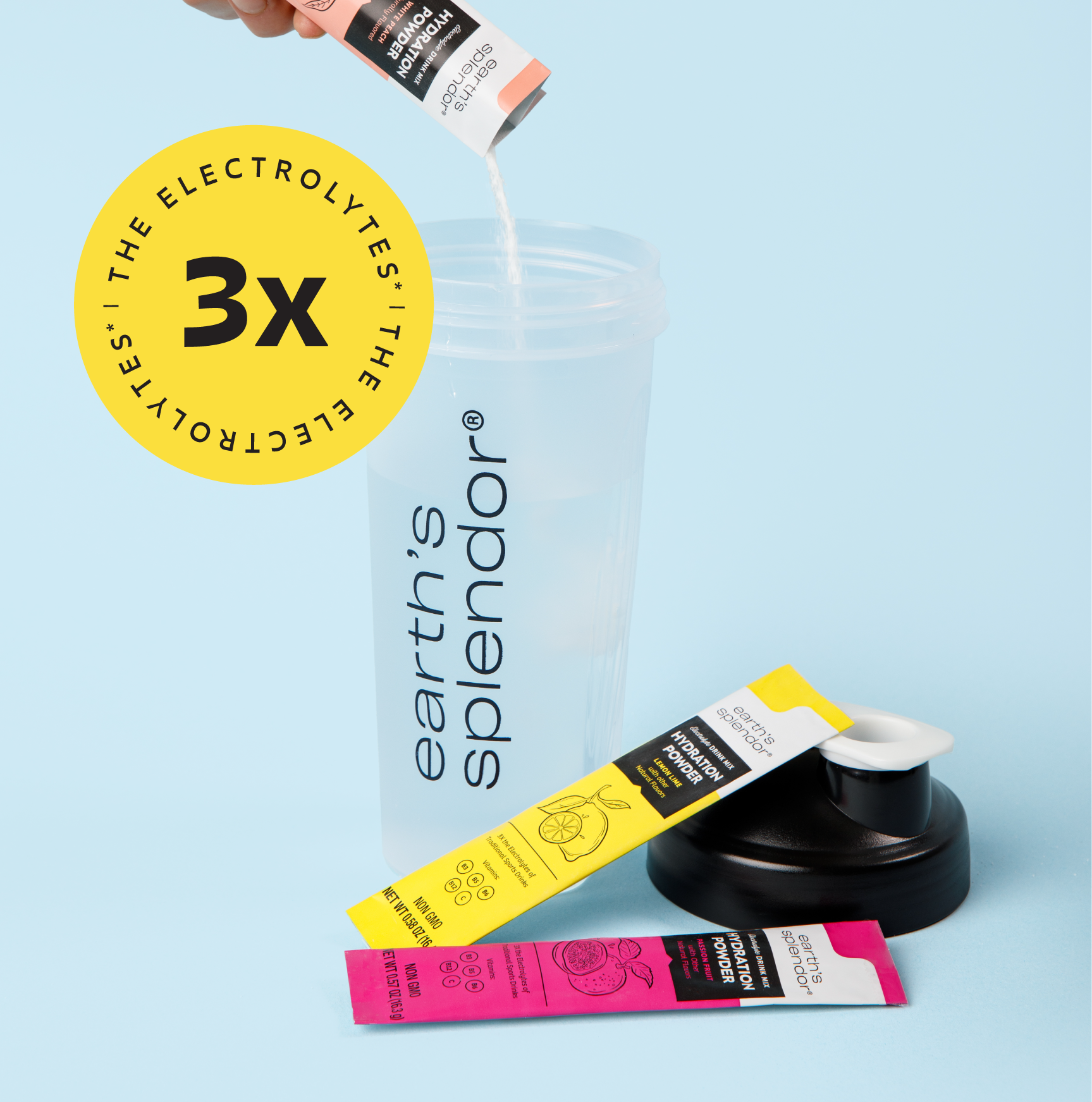Packets of hydration powder and a labeled shaker bottle on a blue background.