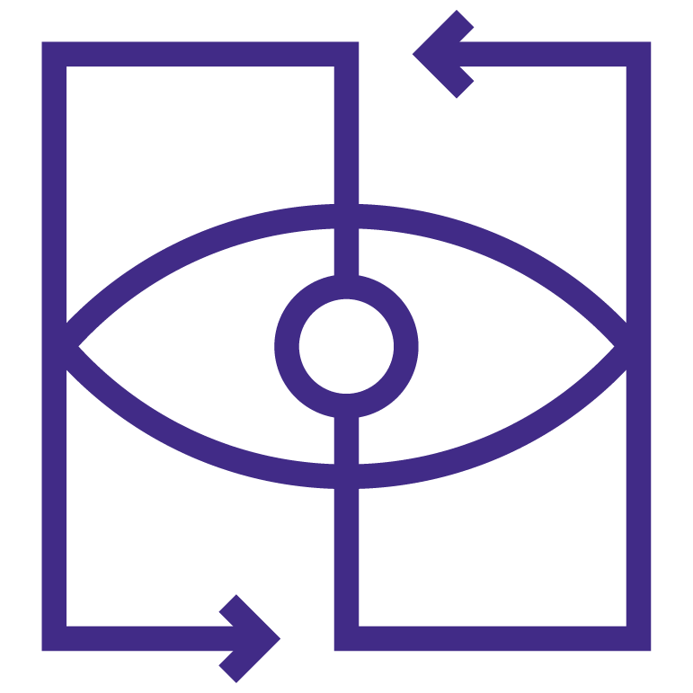 Abstract purple eye symbol with arrows and rectangles.