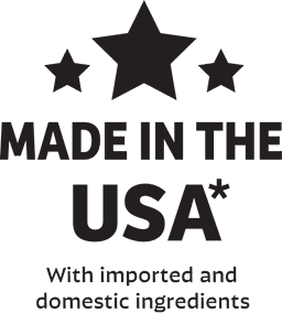 Text 'Made in the USA' with stars above and note about ingredients.