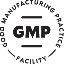 Circular logo with 'Good Manufacturing Practice Facility' and 'GMP' in the center.