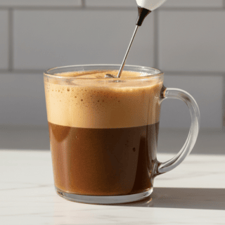 A handheld frother creates a thick foam on top of coffee in a clear glass mug.