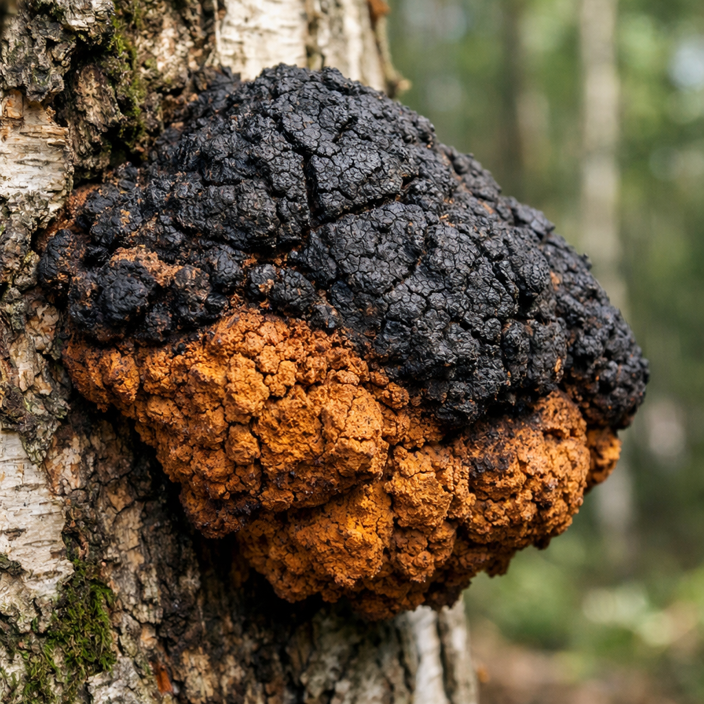 A close-up of a large, lumpy chaga mushroom, black on top and orange below, on a birch tree.