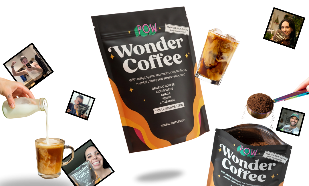 A collage of Wonder Coffee packaging, prepared drinks, and customer photos on a black background.