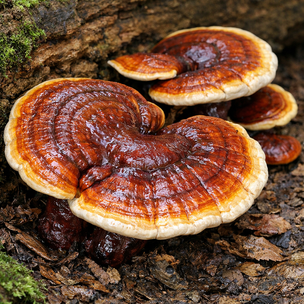 A cluster of shiny, reddish-brown shelf mushrooms growing on a mossy log among fallen leaves.