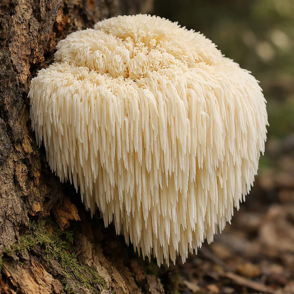 A close-up of a white, shaggy Lion's Mane mushroom growing on the side of a tree trunk.