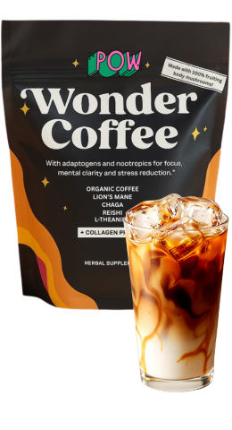 Pack of Wonder Coffee and iced coffee glass.