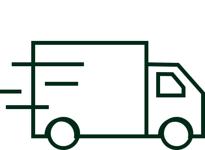 A dark green line icon of a moving truck on a green background.