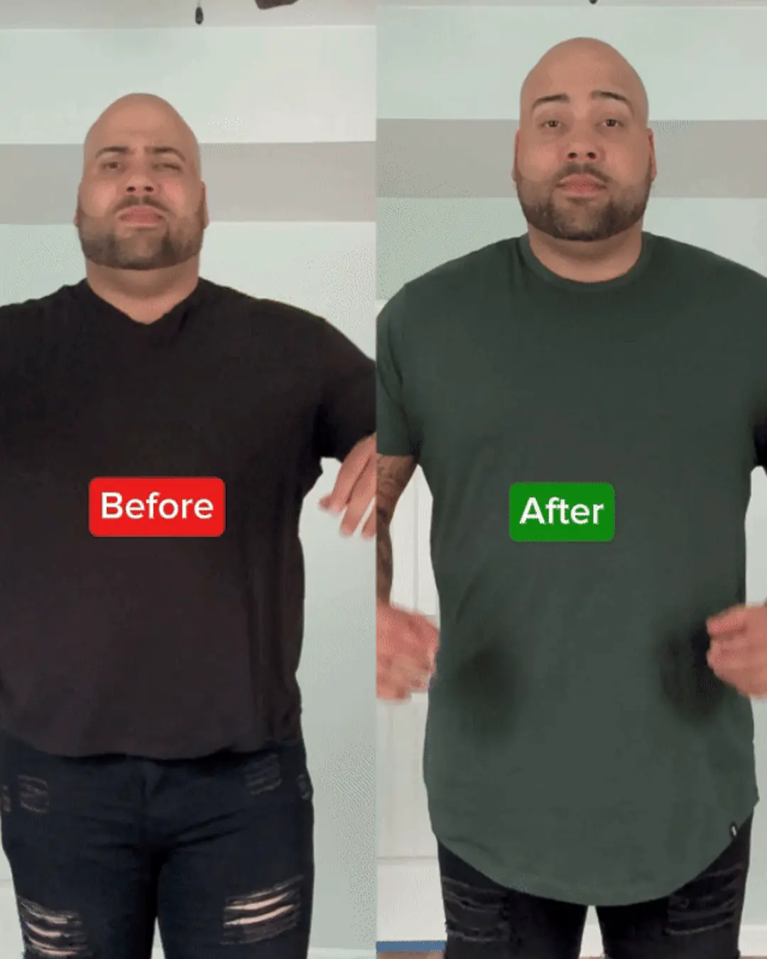 Side-by-side comparison of a man in 'Before' and 'After' shirts.