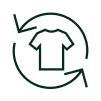 A dark green icon of a t-shirt with two arrows circling it, suggesting recycling or exchange.