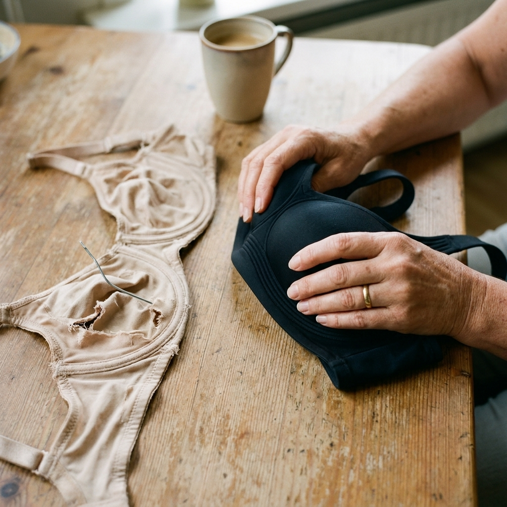 A person holds a new black bra next to an old, worn-out bra on a wooden table.