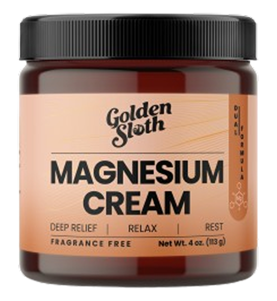 A jar labeled 'Golden Sloth Magnesium Cream' with dual formula properties.