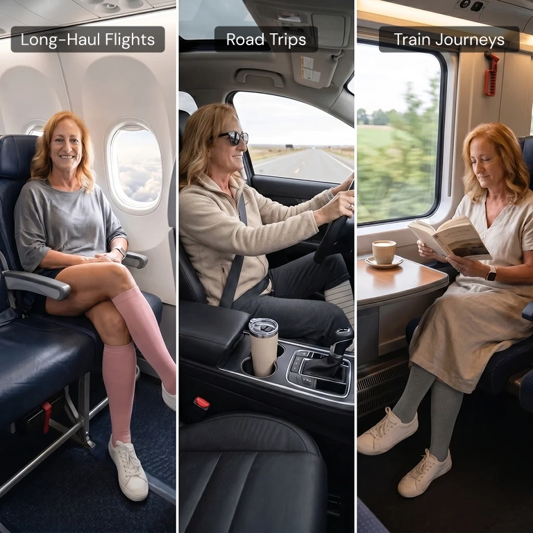A triptych of a woman on a long-haul flight, a road trip, and a train journey.