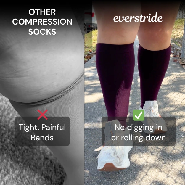 A side-by-side comparison of a compression sock digging into a leg versus another that fits smoothly.
