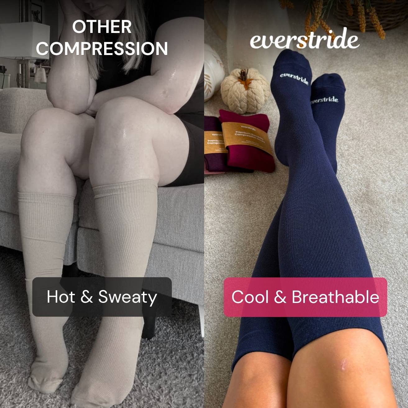 A split-screen image comparing generic compression socks, labeled 'Hot & Sweaty', with Everstride socks, labeled 'Cool & Breathable'.