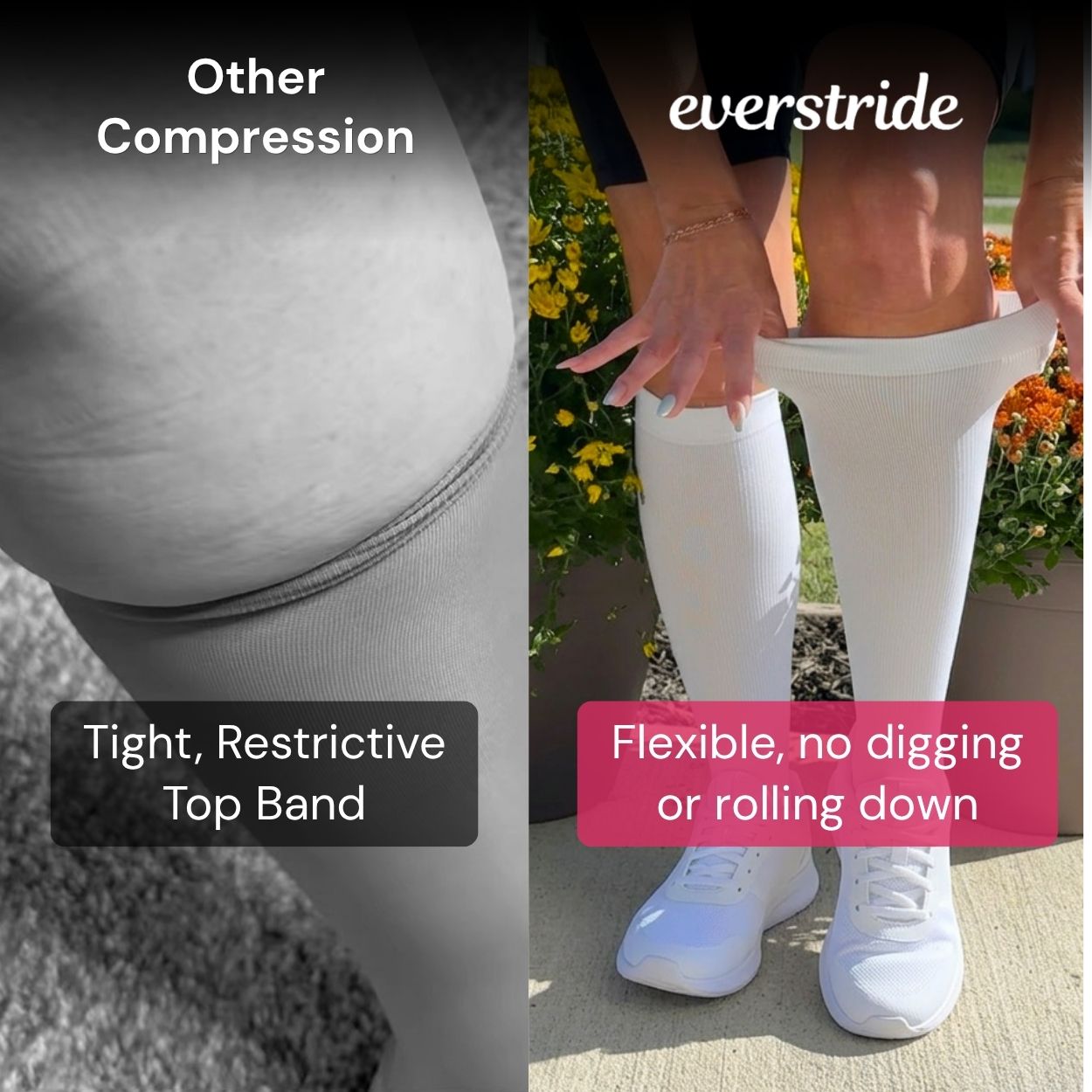A side-by-side comparison of a tight, restrictive compression sock versus a flexible, non-digging compression sock.