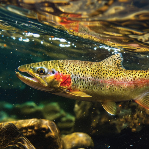 Colorful fish swimming underwater with rocks visible in the background.