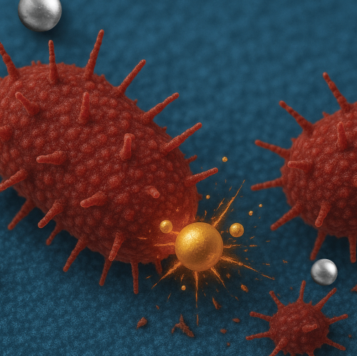 Red spiky bacteria-like structures with orange spheres on a blue background.