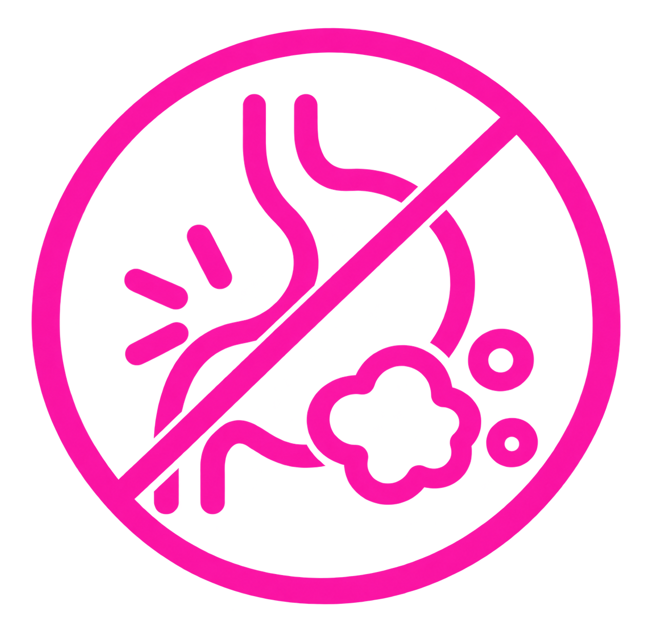 A pink icon of a stomach with gas and bloating, crossed out to indicate relief.