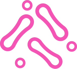 A pink icon of stylized bacteria or microbes on a white background.