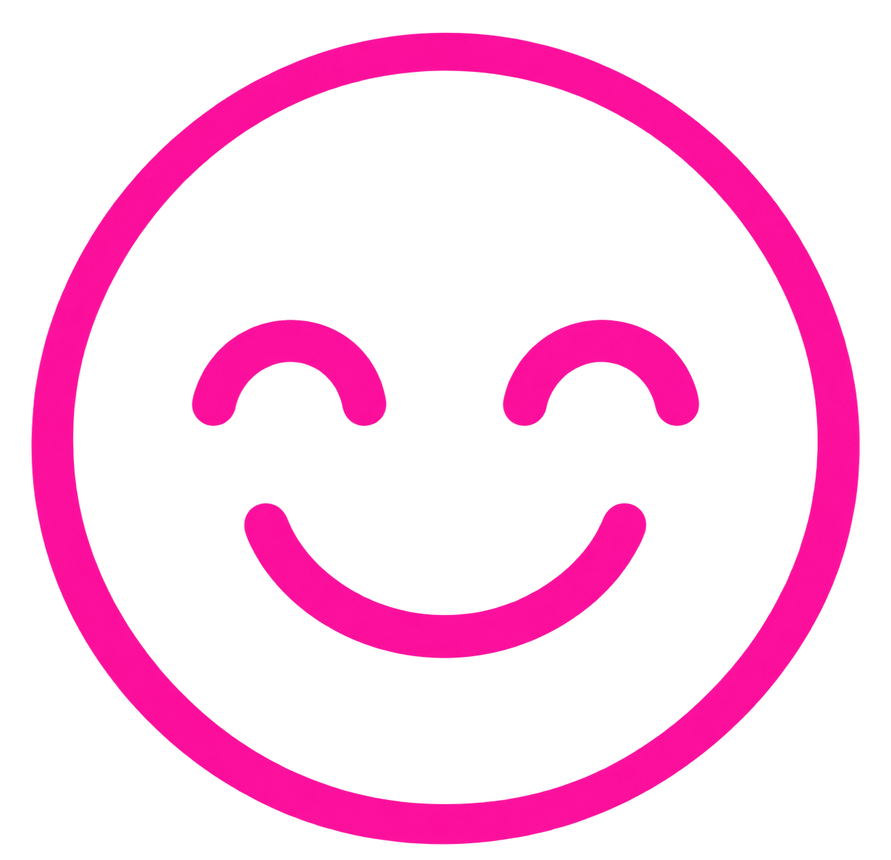 A pink line icon of a smiling face with closed eyes inside a circle.