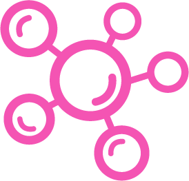 A pink icon of a stylized molecule with one large central circle connected to five smaller circles.