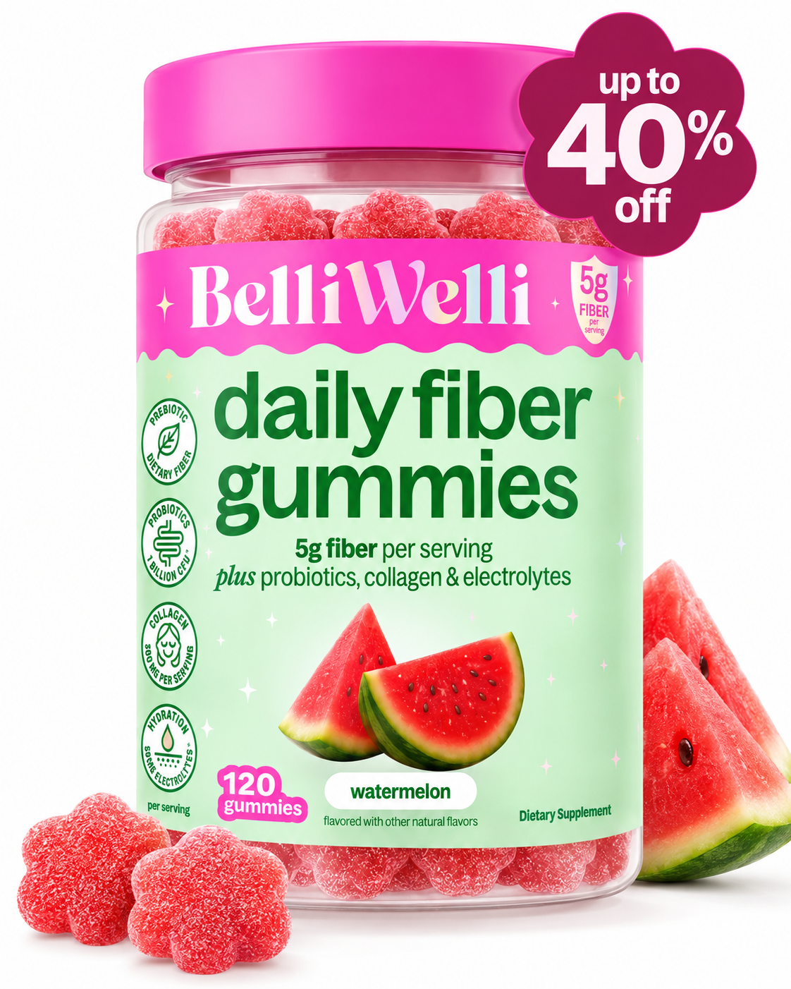 A jar of BelliWelli watermelon-flavored daily fiber gummies, surrounded by loose gummies and slices of watermelon.