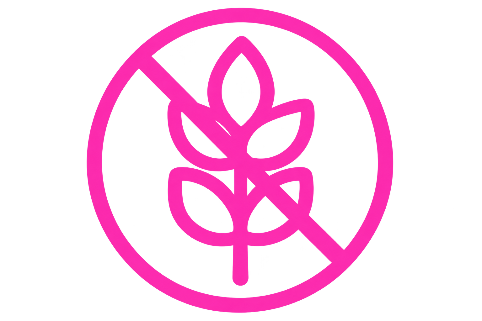 A pink icon on a black background showing a wheat stalk crossed out inside a circle.