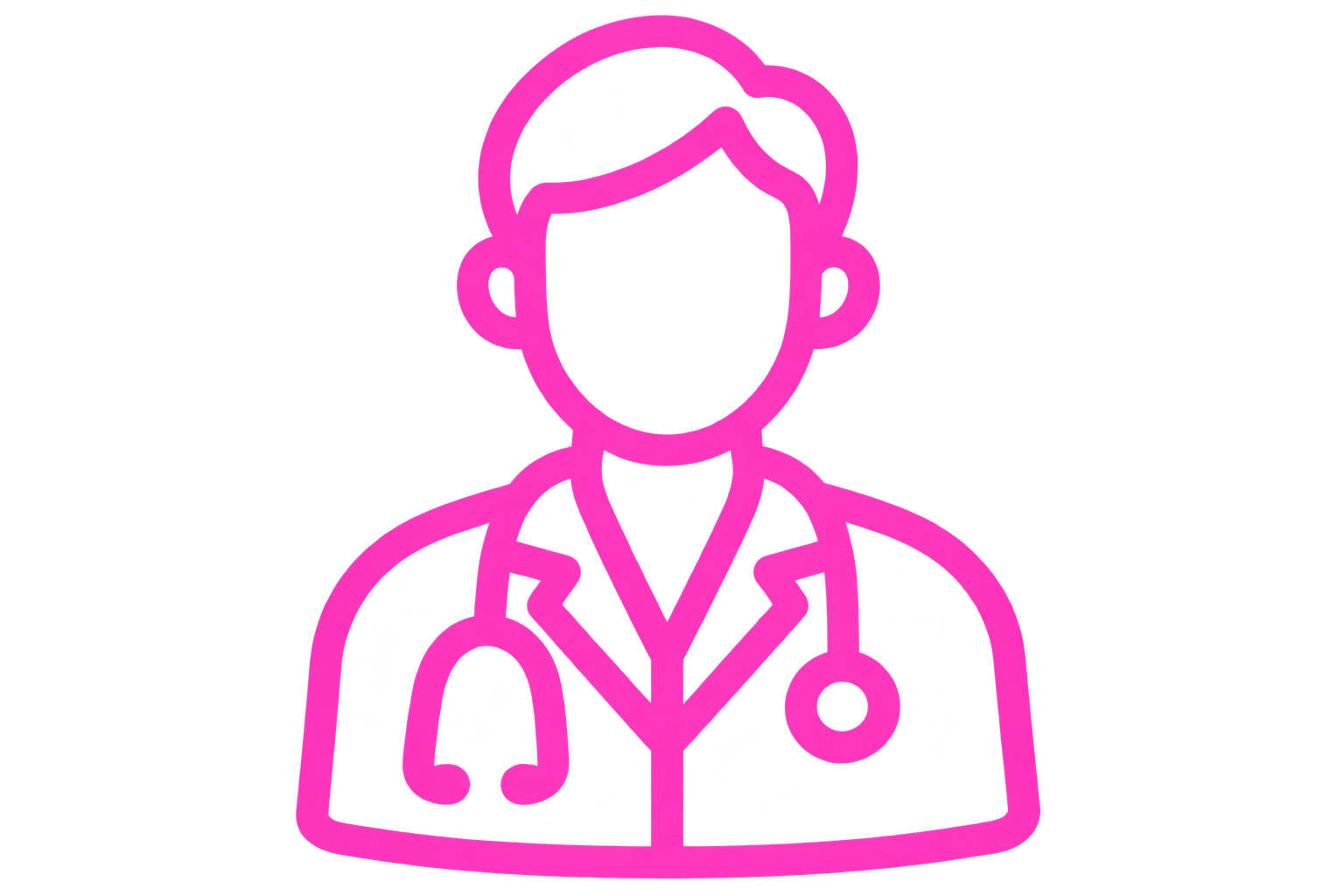A pink line art icon of a doctor with a stethoscope on a black background.