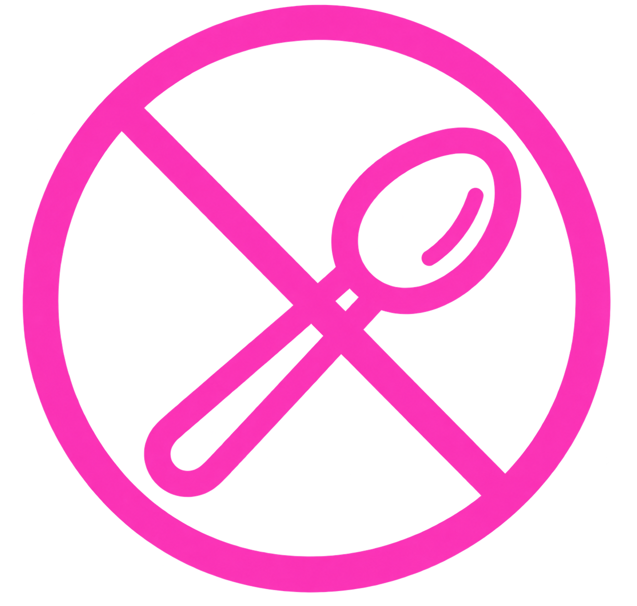 A pink icon of a spoon inside a prohibition symbol, indicating no spoons.