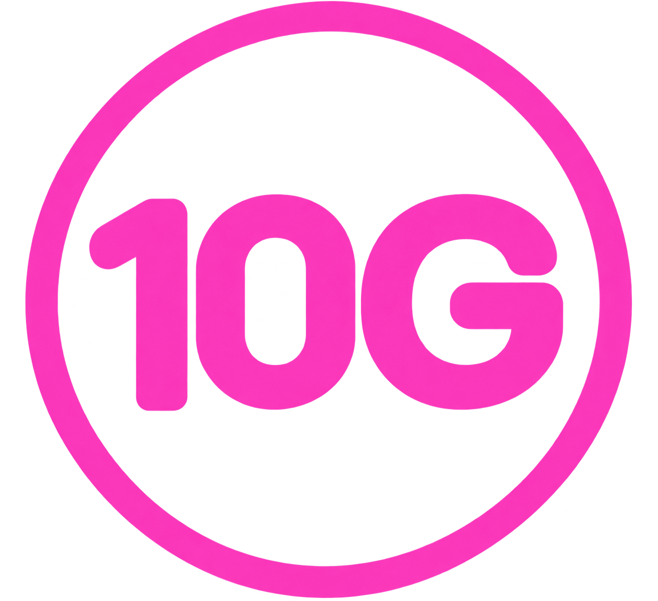 A pink circular logo with the text '10G' inside on a white background.